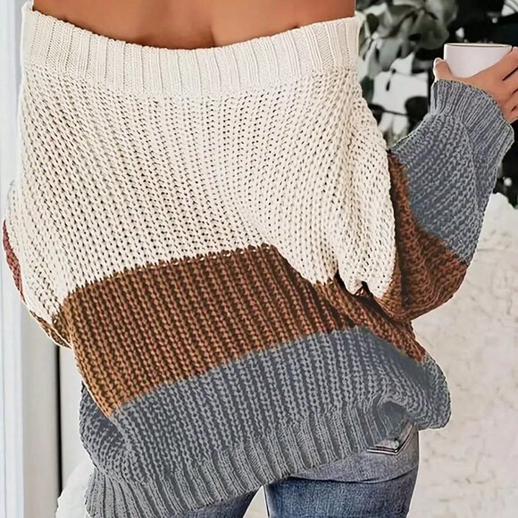 Multicolor Casual Womens Color Block Off Shoulder Sweater - Picture 2 of 4